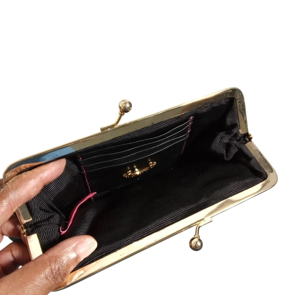 Juicy Couture Black Leather Kiss Lock Bow Clutch Wallet Gold Logo Evening